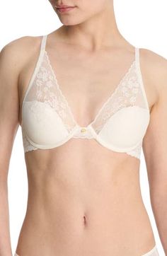 Exceptional fit and support define a convertible underwire bra with Natori's signature lace that adds a little romance to the everyday. J-hook converts bra from regular fit to racerback Lined 73% nylon, 27% elastane Hand wash, line dry Imported Elegant Full Coverage Bra With Lace Trim, Feminine Wedding Bra With Delicate Lace, Wedding Lace Bra In Beige, Delicate Lace Wedding Bra, Cream Underwire Bra With Delicate Lace, Elegant Full Cup Cream Bra, Elegant Cream Underwire Bra, Feminine Cream Bra With Padded Cups, Full Coverage Padded Bra For Wedding