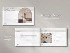 the interior design client presentation is displayed in two different sections, including an open book