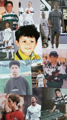 a collage of many different people and their soccer uniforms, including one boy with his hand up to his face