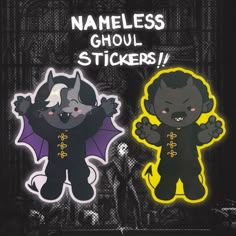 two stickers with the words nameless ghoul stickers in black and yellow