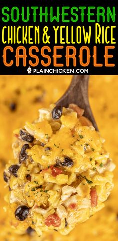 a spoon full of chicken and yellow rice casserole with text overlay that reads southern chicken and yellow rice casserole