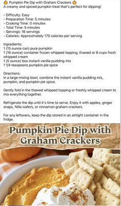 the recipe for pumpkin pie dip with graham crackers is shown in an image above