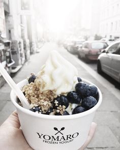 a person holding up a bowl of yogurt and blueberries on the street