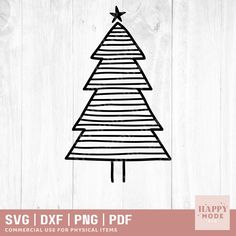 a christmas tree cut file is shown in black and white, with the word svg dxf