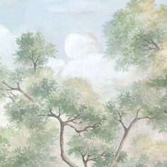 an artistic painting of trees and clouds in the sky with pastel paint on paper