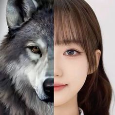 two different pictures of the same person with blue eyes and brown hair, one has an animal's head