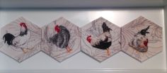 four roosters are hanging on the wall next to each other in hexagonal frames