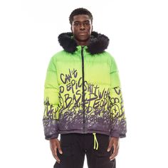 Puffer Jacket With Fur Hood In Neon Yellow Elevate your outerwear game and stay warm in our latest puffer jacket. Crafted from premium quality nylon, this puffer features a plush fur-lined hood that adds an extra layer of insulation while exuding a touch of luxury. With a vibrant green gradient body and graffiti detailing, this jacket is the perfect blend of fashion and function that will keep you on-trend and protected against the elements this winter.- Nylon- Fur-lined hood - 2 zipper pockets Nylon Puffer Jacket For Streetwear, Trendy Hooded Down Puffer Jacket, Trendy Hooded Parka For Streetwear, Trendy Streetwear Parka With Double-lined Hood, Urban Style Parka With Padded Collar For Streetwear, Urban Streetwear Parka With Padded Collar, Urban Style Parka With Padded Collar, Urban Parka With Padded Collar For Streetwear, Trendy Hooded Puffer Parka