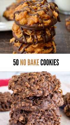 chocolate cookies stacked on top of each other with the words 50 no bake cookies