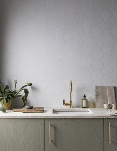 a kitchen with white hexagonal tiles on the wall and green plants next to it