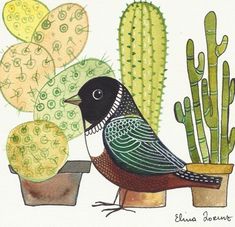 a bird sitting on top of a potted plant next to cacti