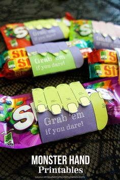 some kind of candy that is on top of a table with the words monster hand printables