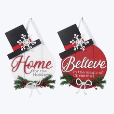 two wooden signs with christmas decorations on them