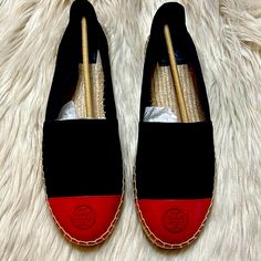 New In Box Tory Burch Espadrilles Navy Blue And Red Canvas Material/Leather Red Flat Espadrilles With Woven Sole, Red Slip-on Espadrilles With Rubber Sole, Red Leather Espadrilles, Red Leather Round Toe Espadrilles, Red Leather Casual Espadrilles, Tory Burch Espadrilles, Red Canvas, Espadrille Shoes, Tory Burch Shoes