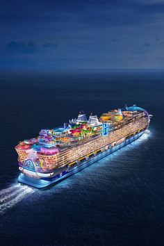 an artist's rendering of a cruise ship in the ocean at night with its lights on