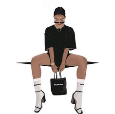 a woman sitting on top of a chair holding a black bag and wearing white socks