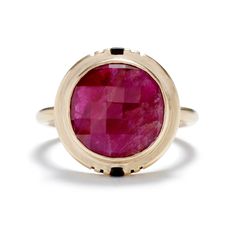 Most rubies on the market have been heat treated to remove their crystal inclusions and to alter the color by allowing more light to pass through. We're using untreated rubies in these rings. While traditional treated rubies are beautiful, we think the inclusions and color variations found in these natural rubies retains a uniqueness and a connection to the beauty of the earth that is missing in heat treated stones. Due to Mother Nature’s whims, each ring’s stone will be unique. A range of examp Round Pink Sapphire Rings With Diamond Cut, Pink Sapphire Ring With Rose Cut Diamonds, Fine Jewelry Faceted Emerald Ring, Faceted Emerald Ring Fine Jewelry, Round Pink Sapphire Ring With Rose Cut Diamonds, Polished Tourmaline Rings, Polished Tourmaline Round Ring, Faceted Round Emerald Ring, Faceted Yellow Gold Sapphire Ring