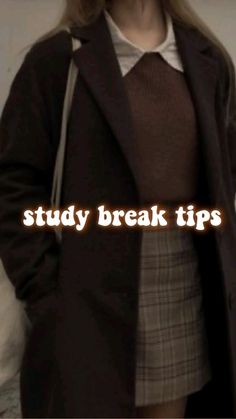 a woman standing in front of a bed with the words study break tips on it