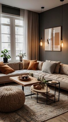 a living room filled with lots of furniture and decor on top of a wooden floor