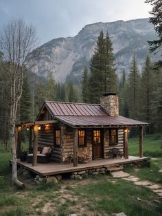 a log cabin sits in the middle of a forest