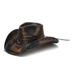 Unsure of what a Dropship item is? Click this link so you are fully informed prior to your purchase! Edgy and distressed, this Stampede Hat gives you sun protection and ventilation with style. The lightweight straw is vented with holes around the crown and decorated with studs around the outer edges of the side brim. Be comfortable in this lightweight cowboy hat while sporting a little bit of Texan pride with the lone star buckle.*Stylish studding on leather trim and side brim underside*Black S Western Hat, Black Stains, Star Studs