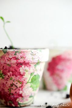 two flower pots sitting on top of a table