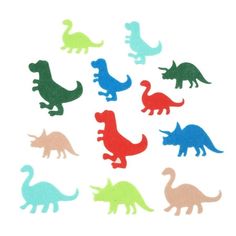 a bunch of different colored dinosaurs in the shape of small plastic figures on a white background