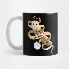 a coffee mug with an image of a monkey holding a ball and ribbon around its neck