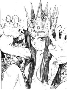 a drawing of a girl with a crown on her head and hands in the air