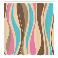 an abstract shower curtain with wavy lines in brown, blue and pink colors on the outside