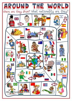 a board game with people on it and the words around the world written in red