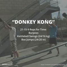 two men on skateboards doing tricks in front of a building with the words donkey kong