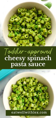 two bowls filled with peas and spinach pasta