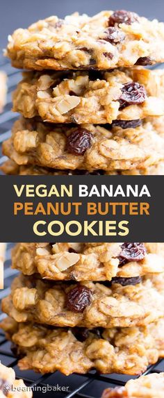 vegan banana peanut butter cookies stacked on top of each other with text overlay