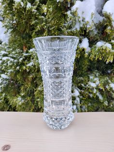 a clear glass vase sitting on top of a wooden table next to snow covered trees