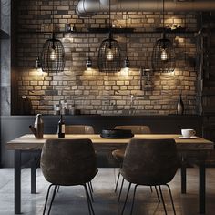 An industrial dining room with cage pendant lights hanging at varying heights above the dining table, creating a visually interesting focal point1 Industrial Dining Room Furniture, Industrial Dining Room Decor, Industrial Style Dining Room, Modern Industrial Dining Room, Industrial Dining Room Lighting, Dining Room Tv, Loft Dining Room, Warehouse Apartment