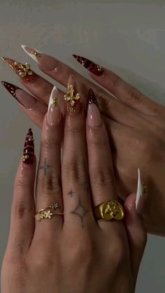 Almond Gold Nails, Almond Stiletto Nails, Rings And Nails, Catholic Guilt, Pink Nail Inspo, Fairy Nails, Acrylic Nails Design, Almond Stiletto, Nails Now