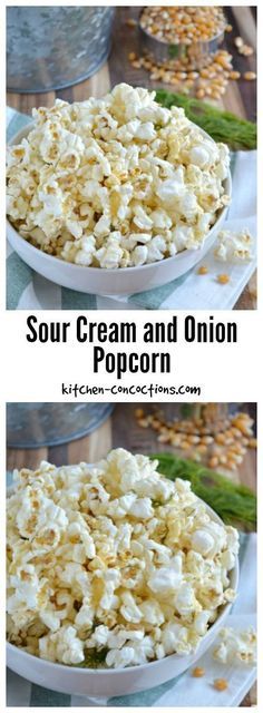 two bowls filled with popcorn sitting on top of a table