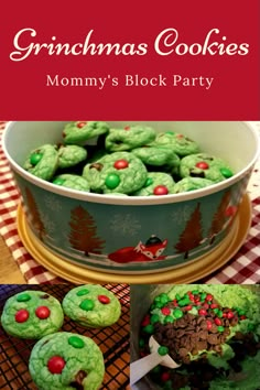 some cookies are in a bowl and on a table with red and white checkered cloth