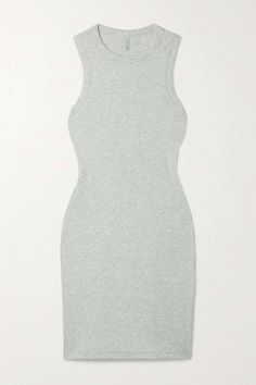 Gray Ribbed stretch-cotton jersey mini dress - Light Heather Grey | SKIMS | NET-A-PORTER Mini Dress Street Style, Skims Outfit, Dress Street Style, Jacquemus Dress, Outfit Grey, Loungewear Dresses, Ribbed Bodycon Dress, Cashmere Dress, Ribbed Mini Dress