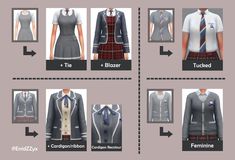 four different types of female school uniforms