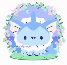 a blue cat with flowers around it's neck and ears, sitting in the grass