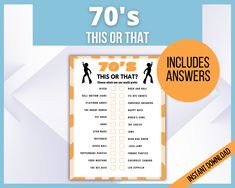 an orange and white poster with the words 70's, this or that on it