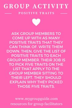 group activity: positive traits (self-esteem) | group therapy | group activities | mental health | For group ideas & resources, check out: https://www.mygroupguide.com Therapy For Teens, Empowerment Activities, Group Counseling Activities, Group Therapy Activities, Self Esteem Activities, Mental Health Activities, Recreation Therapy, Group Counseling, Positive Traits