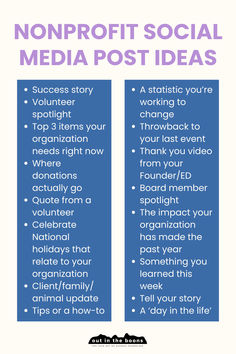 two blue verticals with the words non - profits social media post ideas on them