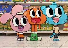 cartoon characters standing in front of a store shelf