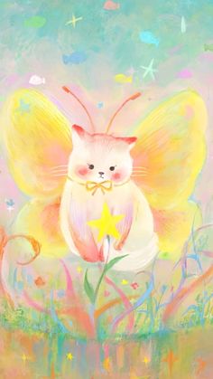 a painting of a cat with yellow wings and a star on its chest sitting in the grass