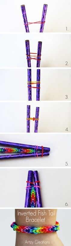 the instructions for how to make an inverted fish tail bracelet with colored thread and beads