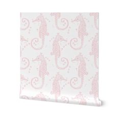 a pink and white wallpaper with seahorses on it