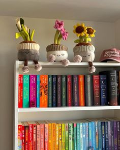 three bookshelves filled with colorful books and stuffed animals sitting on top of them